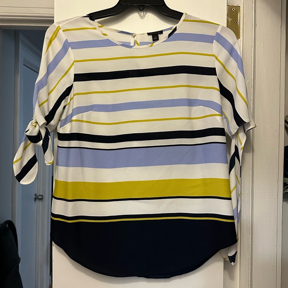 Ann Taylor Blue, Black, Yellow Tie Front Short Sleeve Blouse